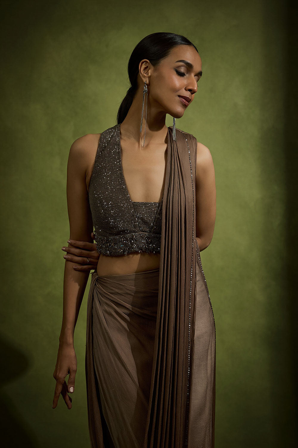 Draped Cowl Saree Set In Umber Brown