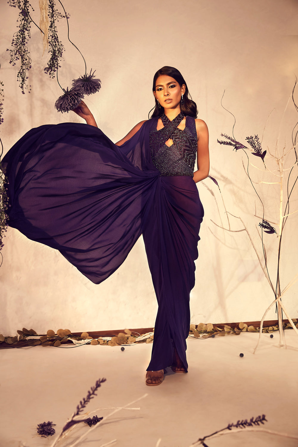 Purple Pre-Draped Saree