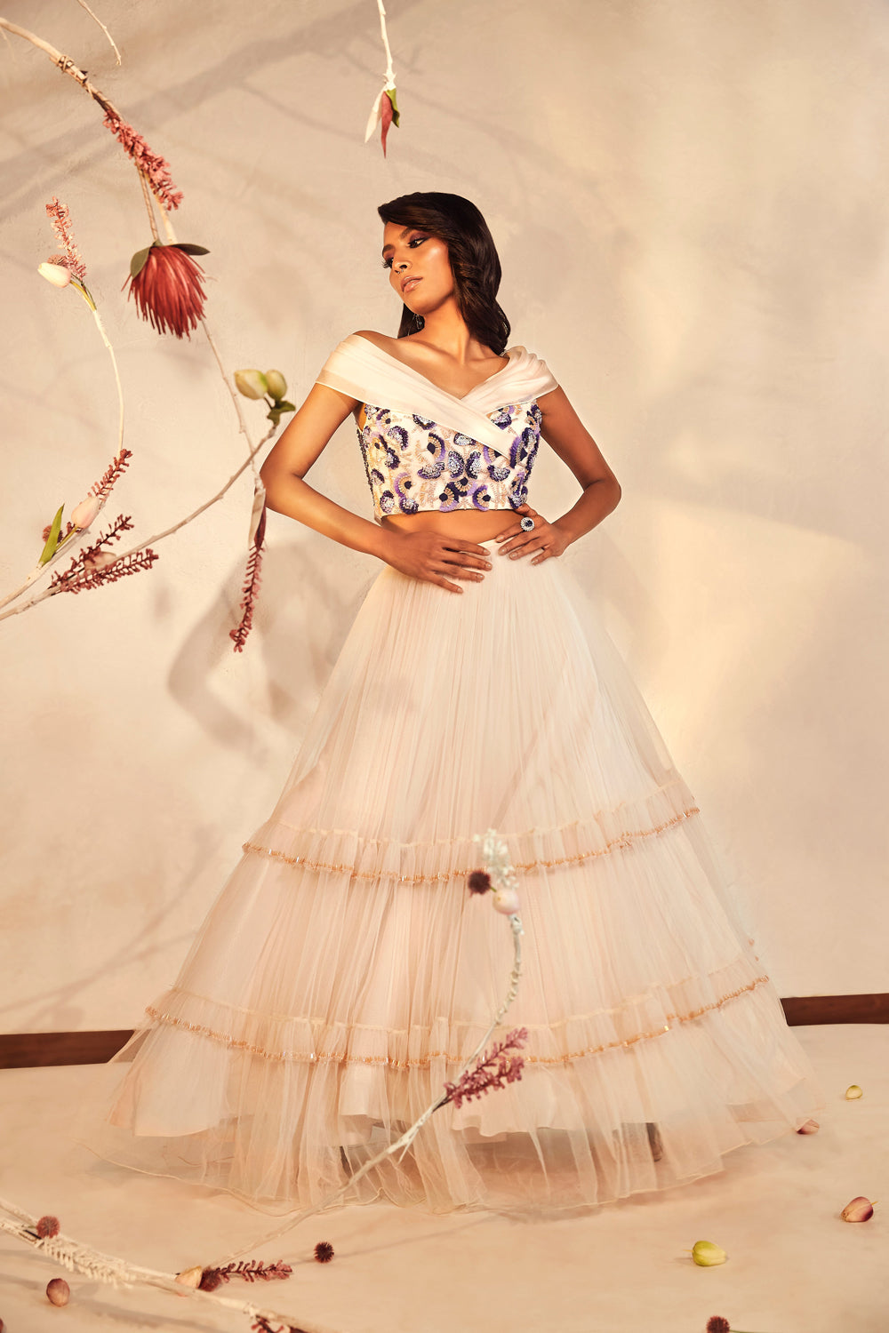 Ivory Off Shoulder Lehenga