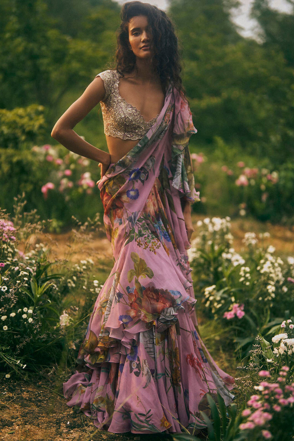 Akhila Printed Ruffle Saree Set