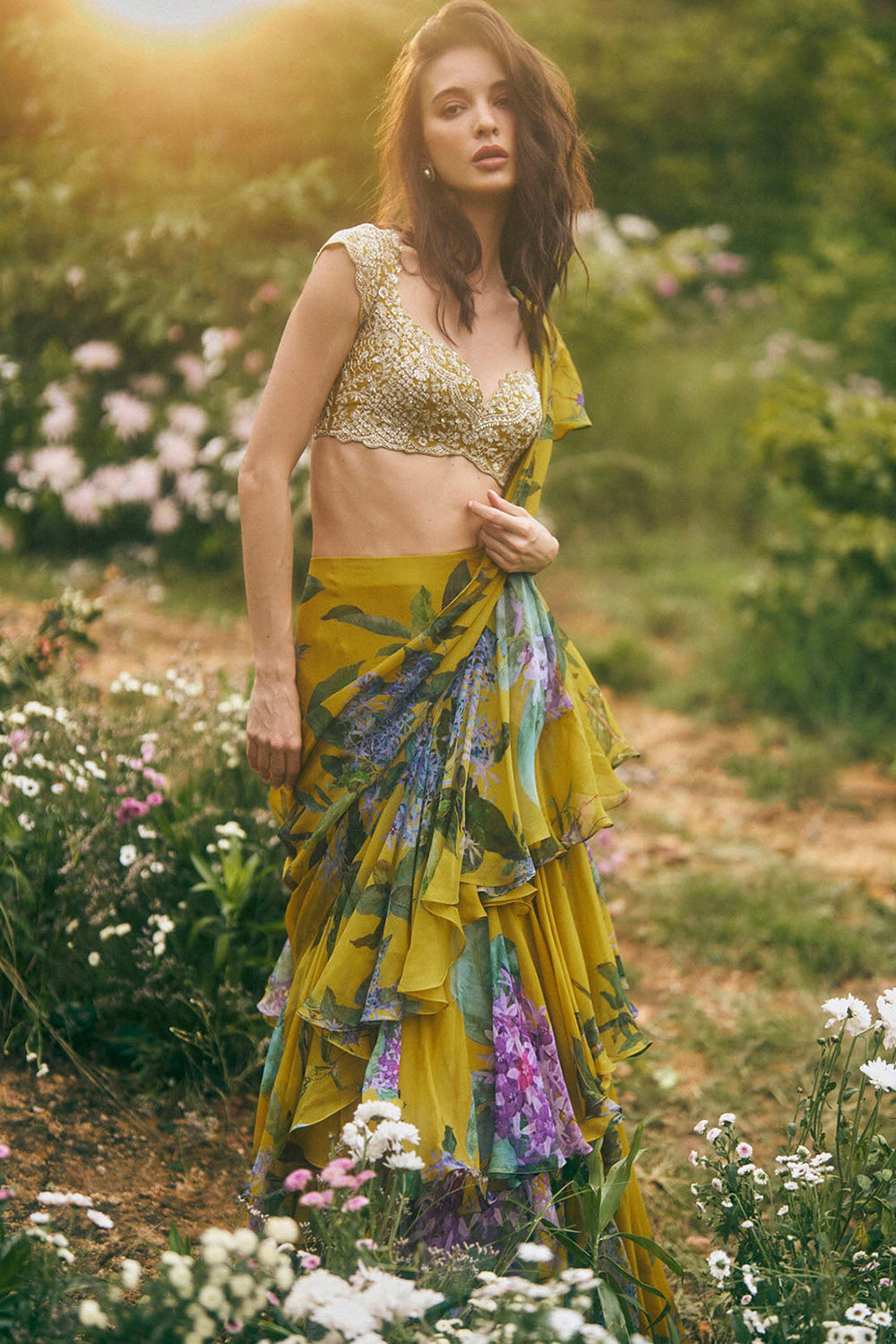 Akhila Printed Ruffle Saree Set