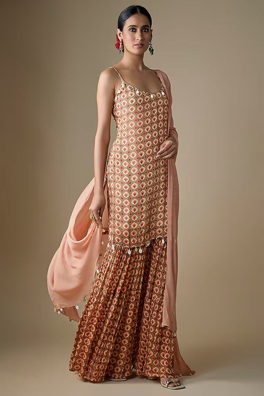 Almond Beige Viscose Chiffon Geometric Printed Sharara Set