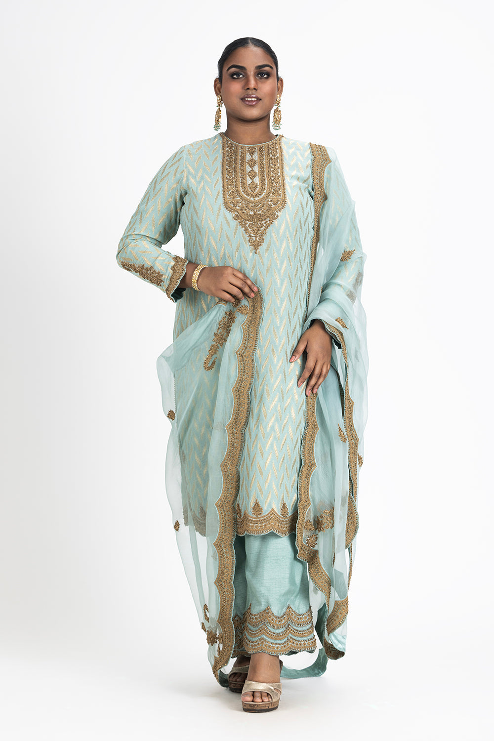 Aqua Benarsi Georgette Shirt Raw Silk Palazzo Set