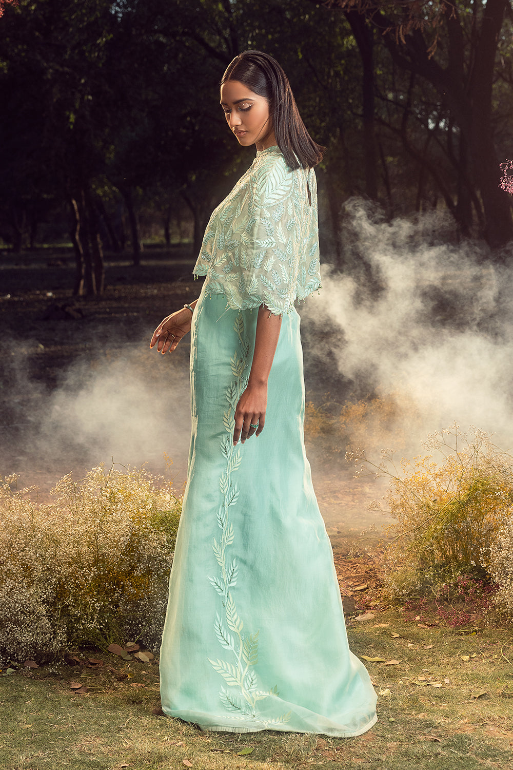 Aqua Blue And Green Skirt With Cape And Bustier