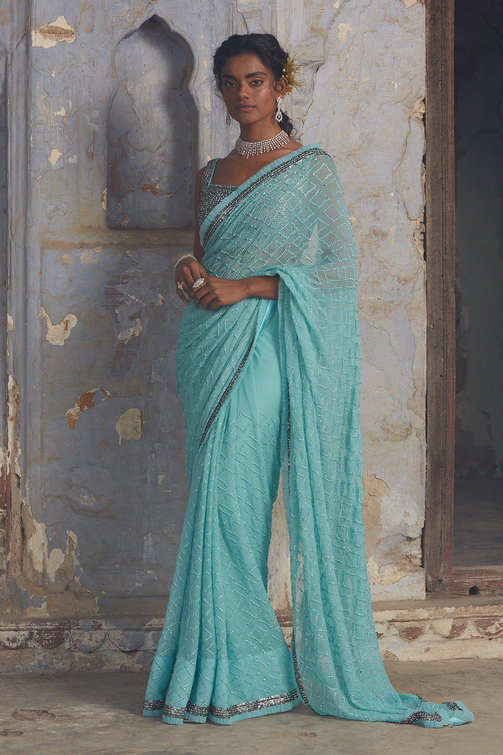 Aqua Blue Chiffon Saree