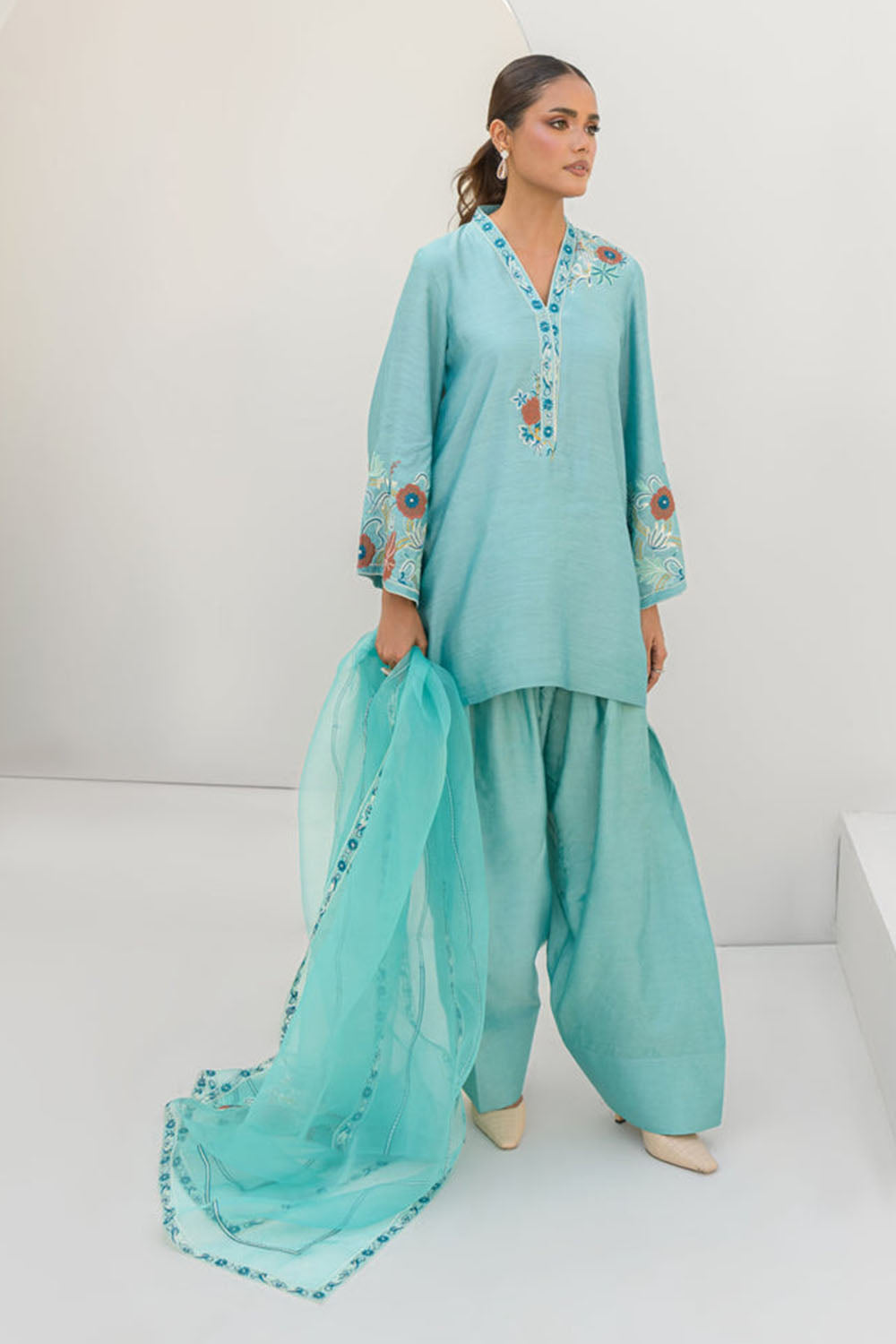 Aqua Blue Embroidered Cotton Kurta Farshi Salwar Set with Dupatta