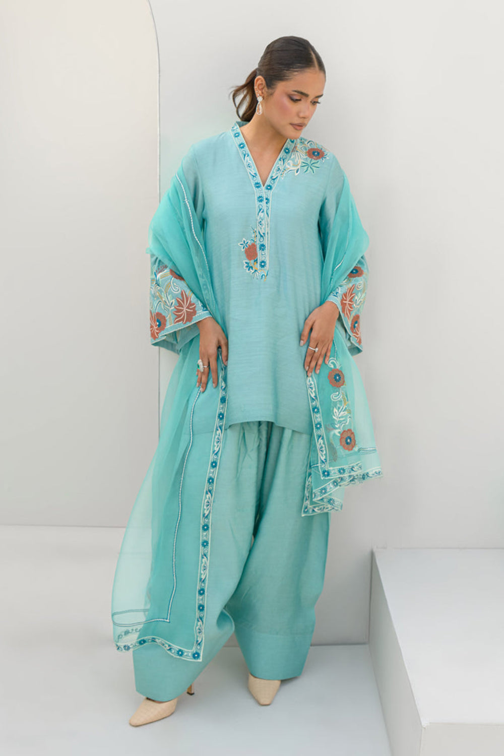 Aqua Blue Embroidered Cotton Kurta Farshi Salwar Set with Dupatta