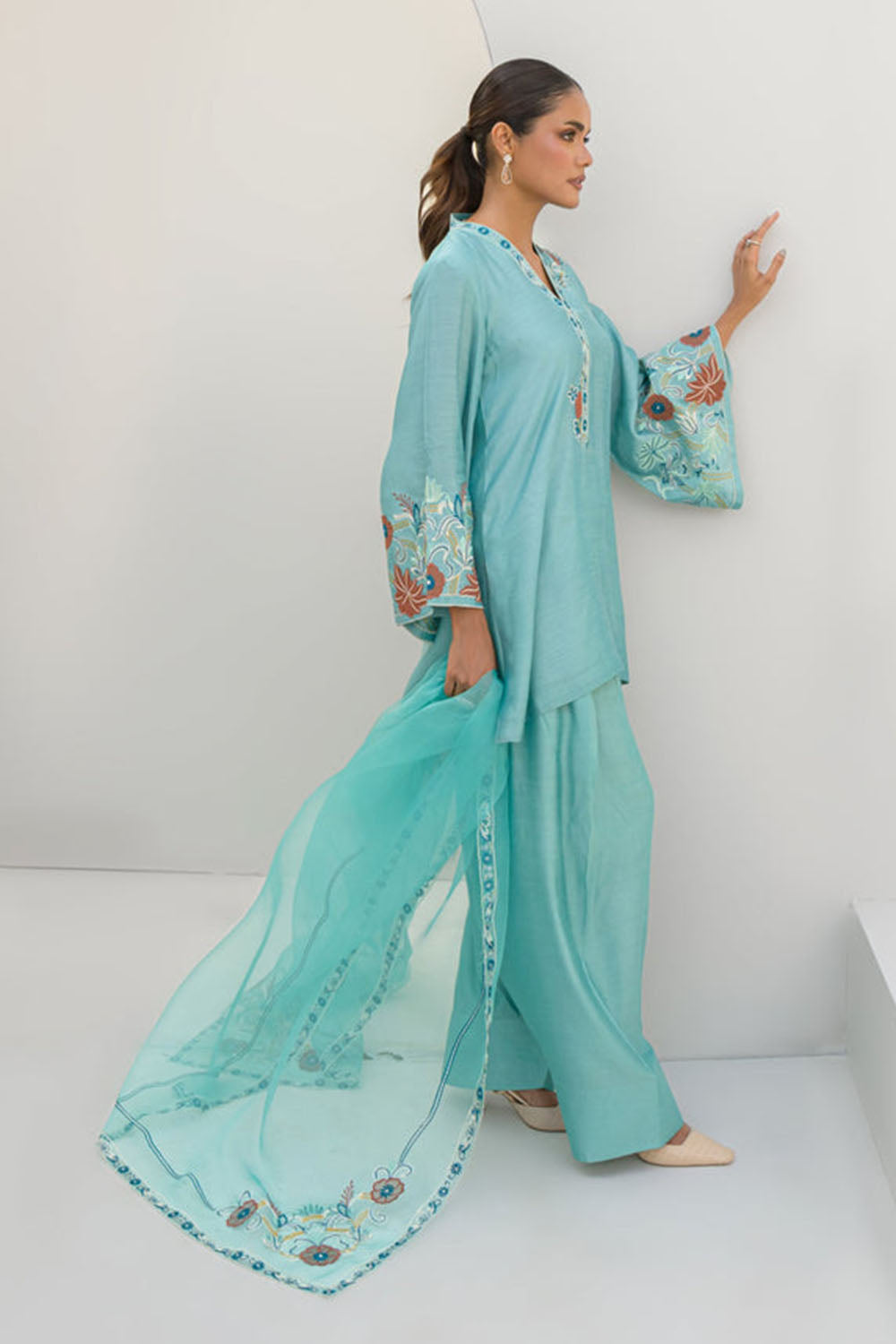 Aqua Blue Embroidered Cotton Kurta Farshi Salwar Set with Dupatta
