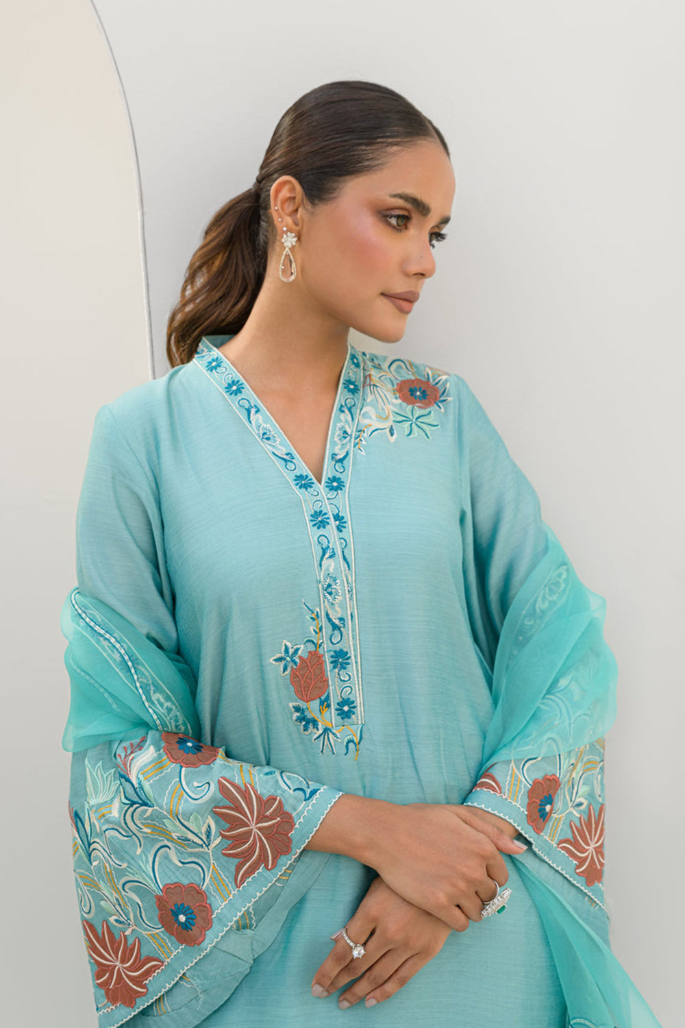 Aqua Blue Embroidered Cotton Kurta Farshi Salwar Set with Dupatta
