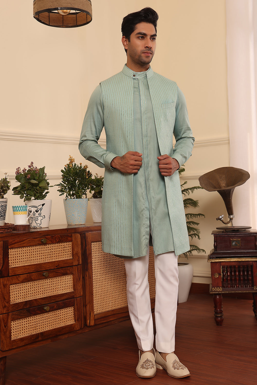 Aqua green colour kurta pants with shrug jacket