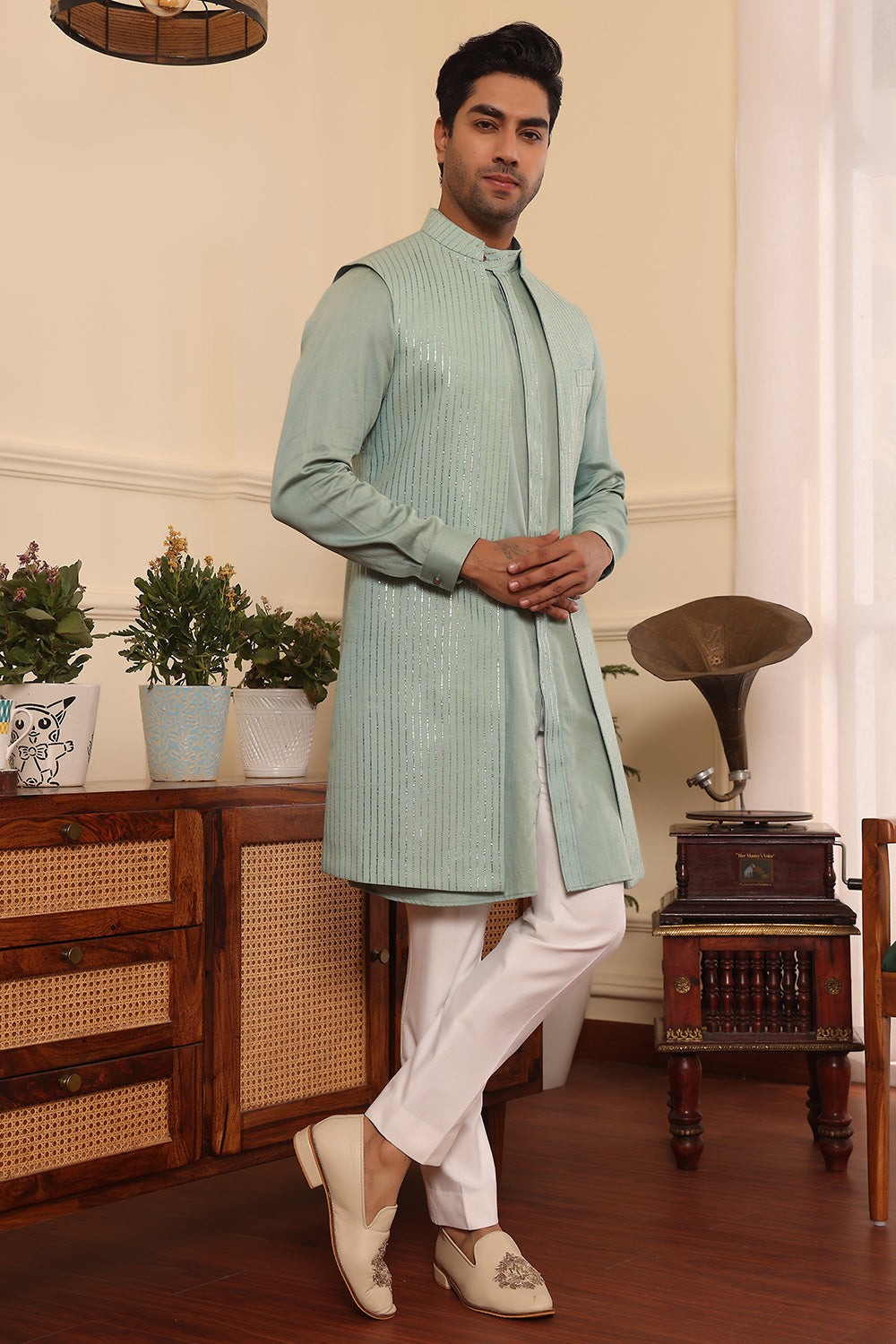 Aqua green colour kurta pants with shrug jacket