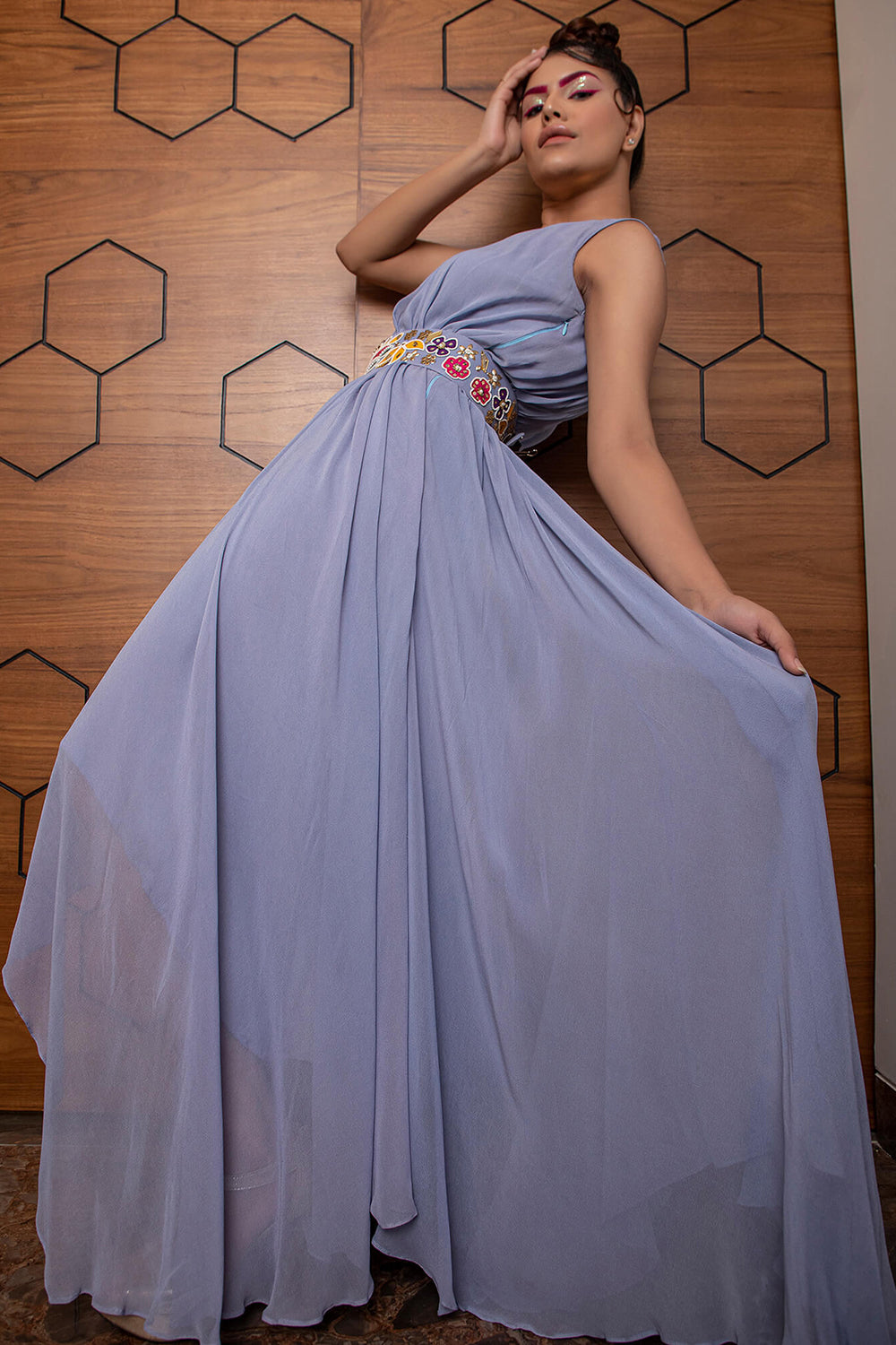 Assymetrical Gown with Hand Embroidered Belt