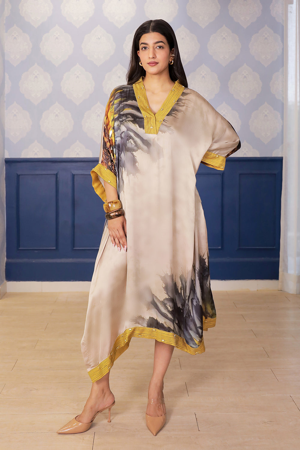 Asymmetric Beige Satin Dress with Yellow Accents & Side Slit