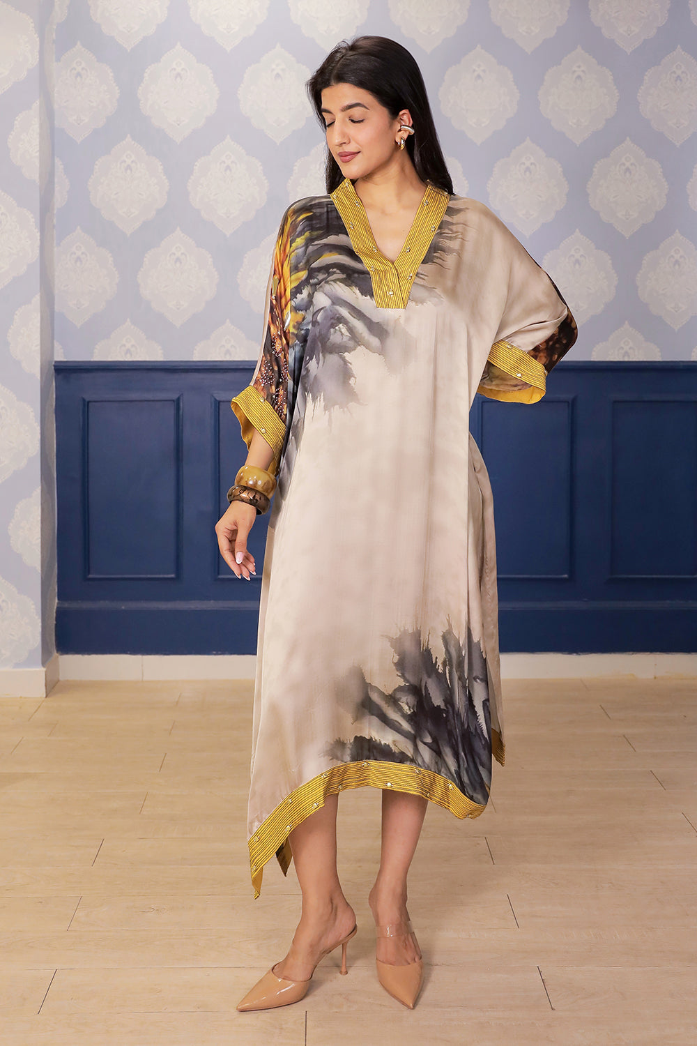 Asymmetric Beige Satin Dress with Yellow Accents & Side Slit