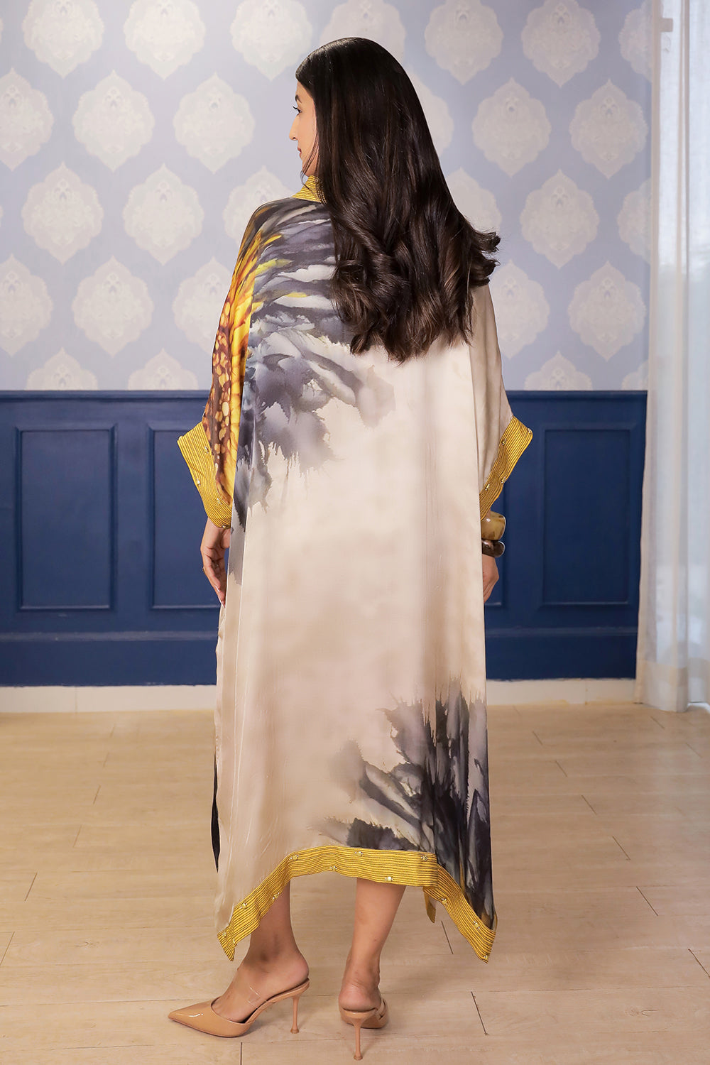 Asymmetric Beige Satin Dress with Yellow Accents & Side Slit