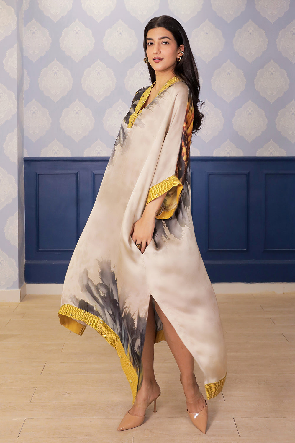 Asymmetric Beige Satin Dress with Yellow Accents & Side Slit