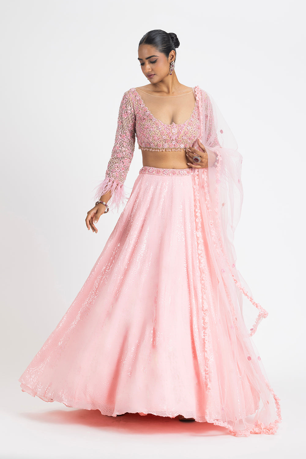 Baby Pink Embroidered Georgette Lehenga Set