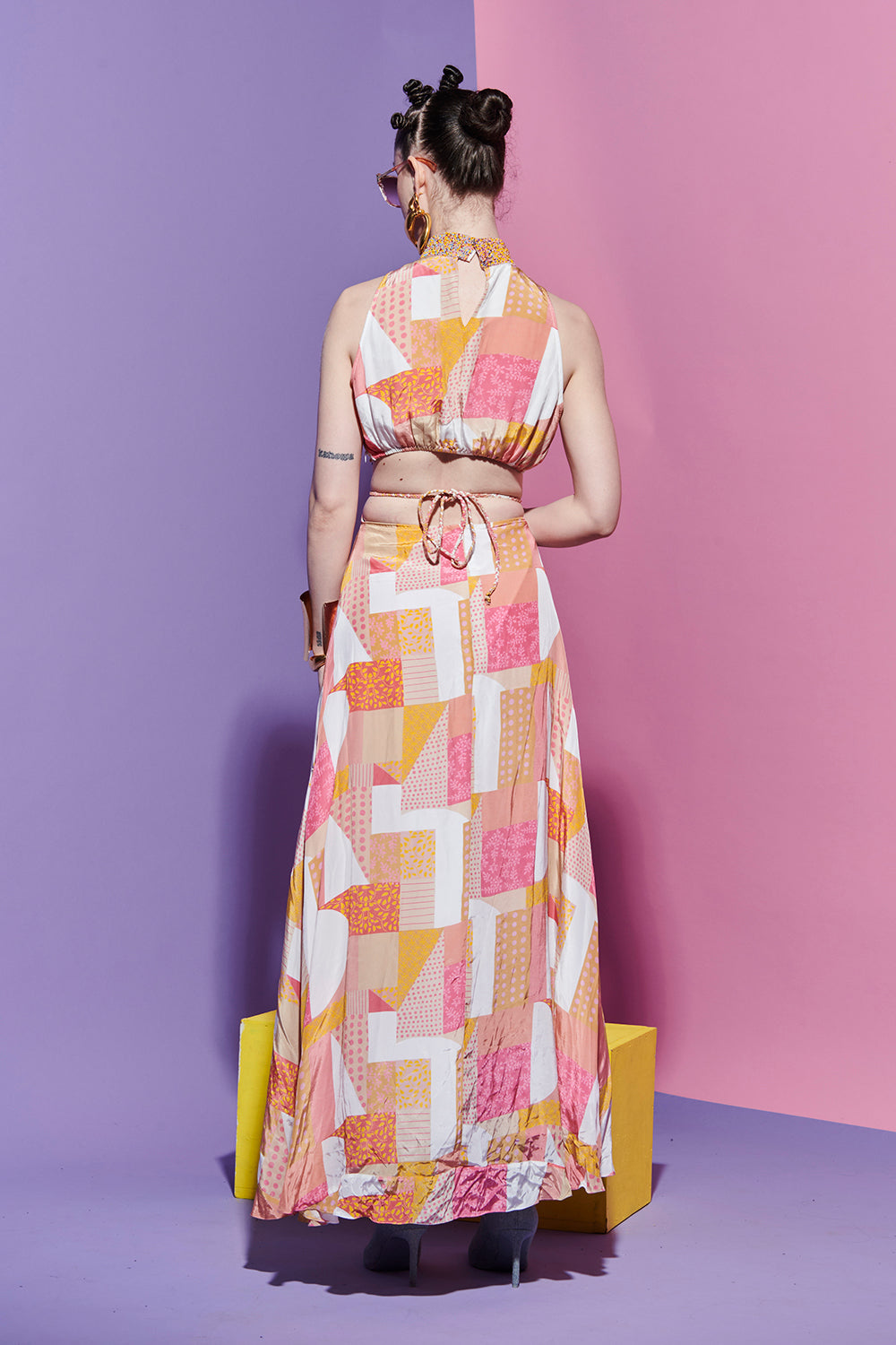 Beaded halter dress in geometric print