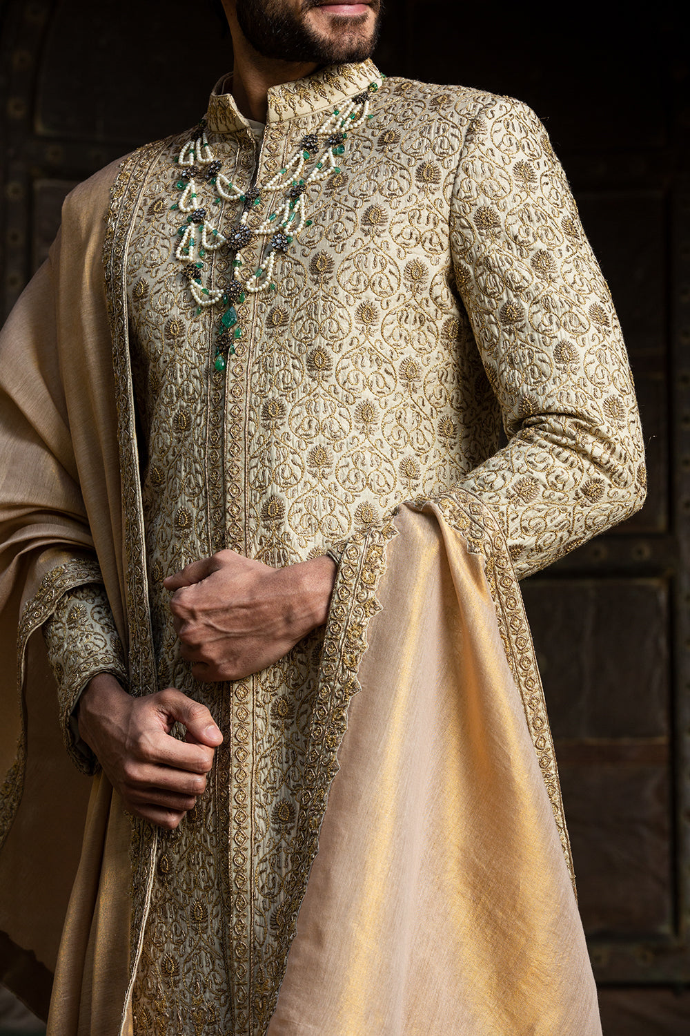 Beige All Over Embroidered Achkan With Monga Kurta And Churidar