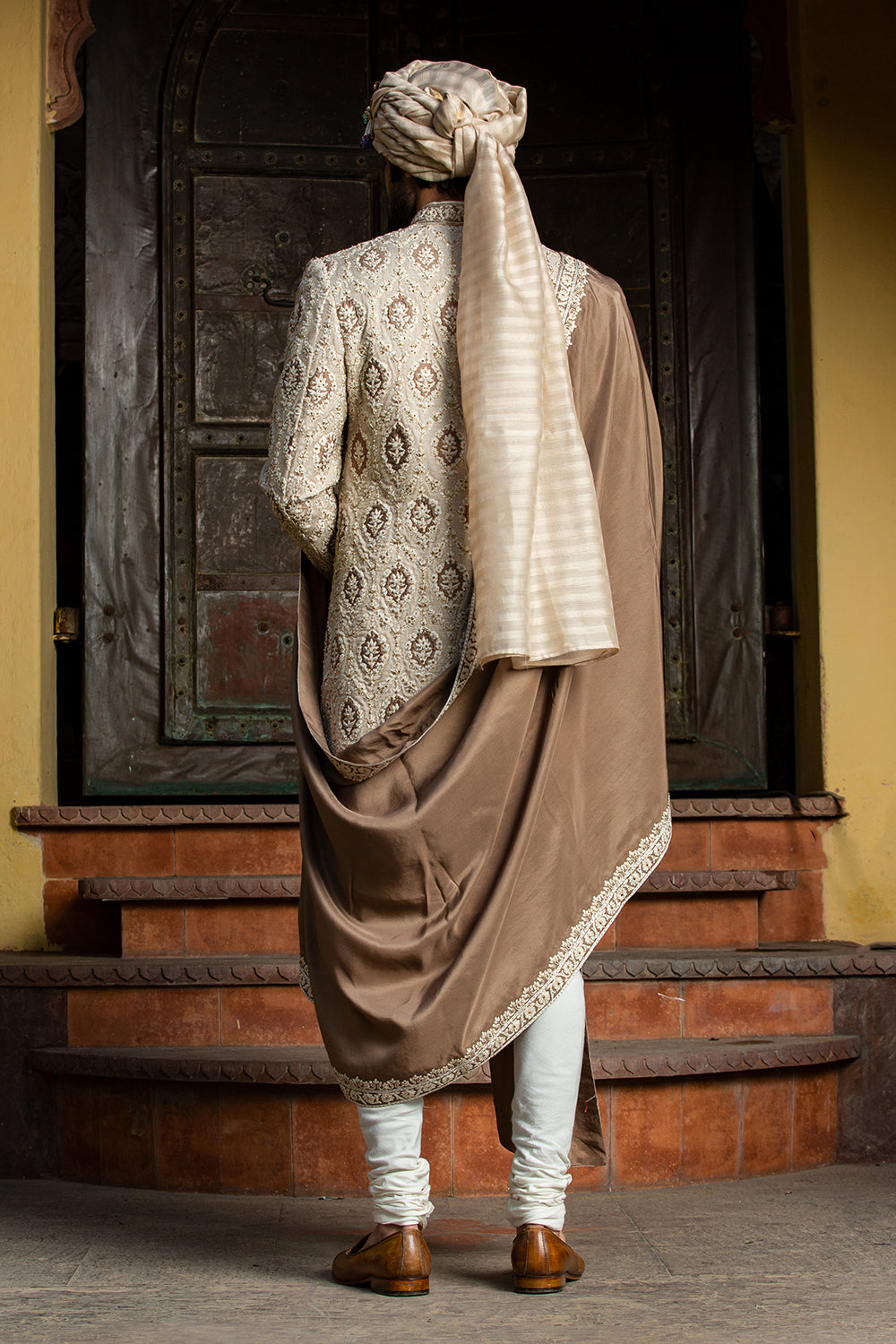 Beige Brown Raw Silk Patchwork Embroidered Achkan With Monga Kurta And Churidar