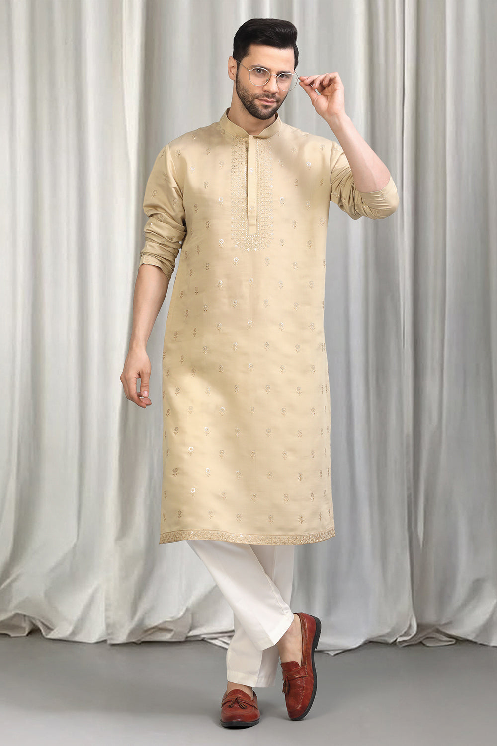 Beige Buta Embroidered Kurta With Back Elastic Pants