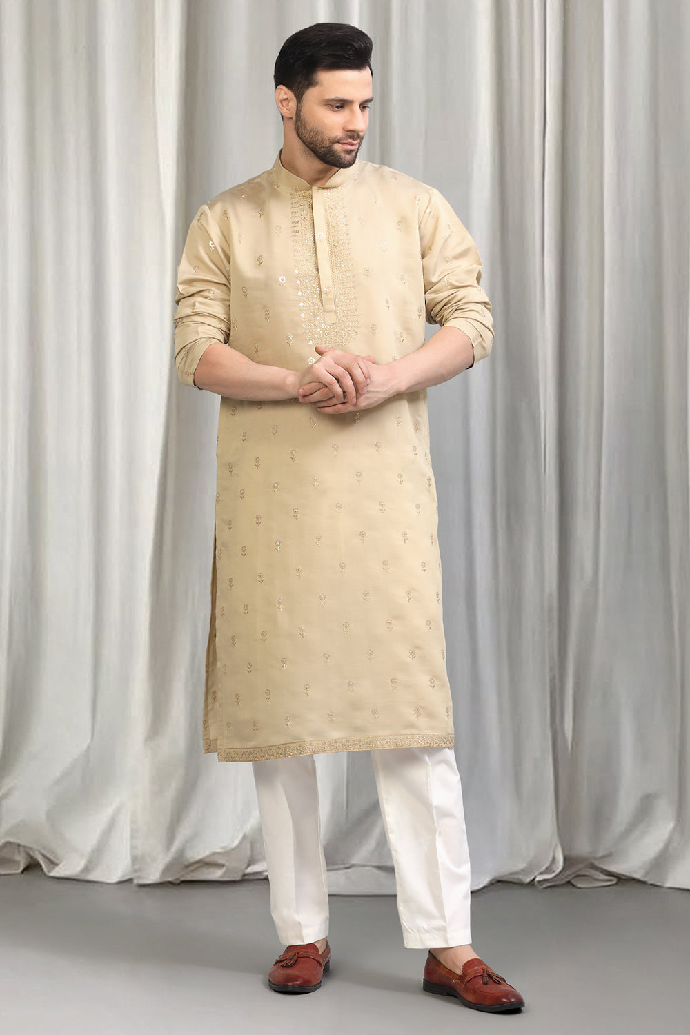 Beige Buta Embroidered Kurta With Back Elastic Pants
