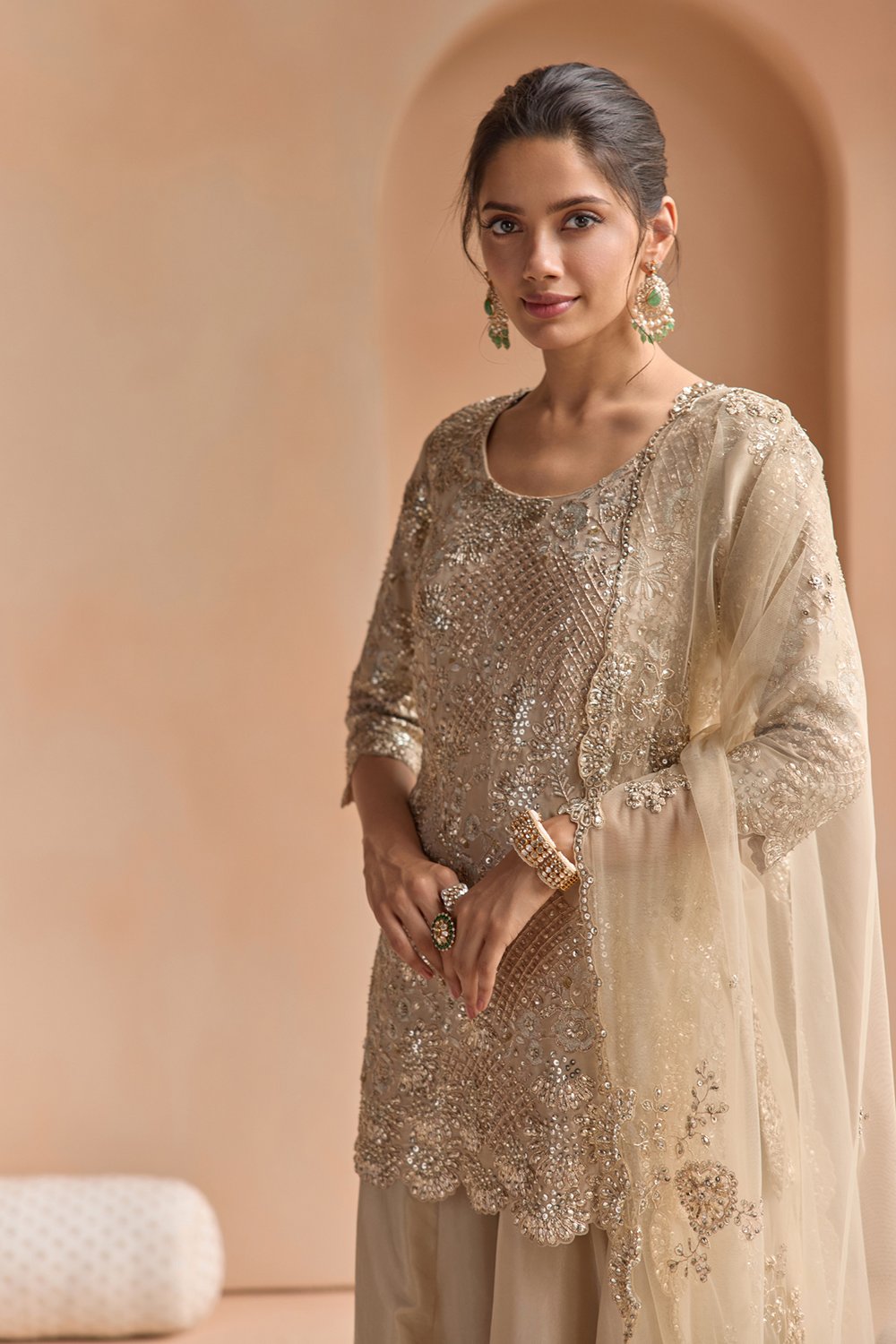 Beige Champage Tissue Sharara Set