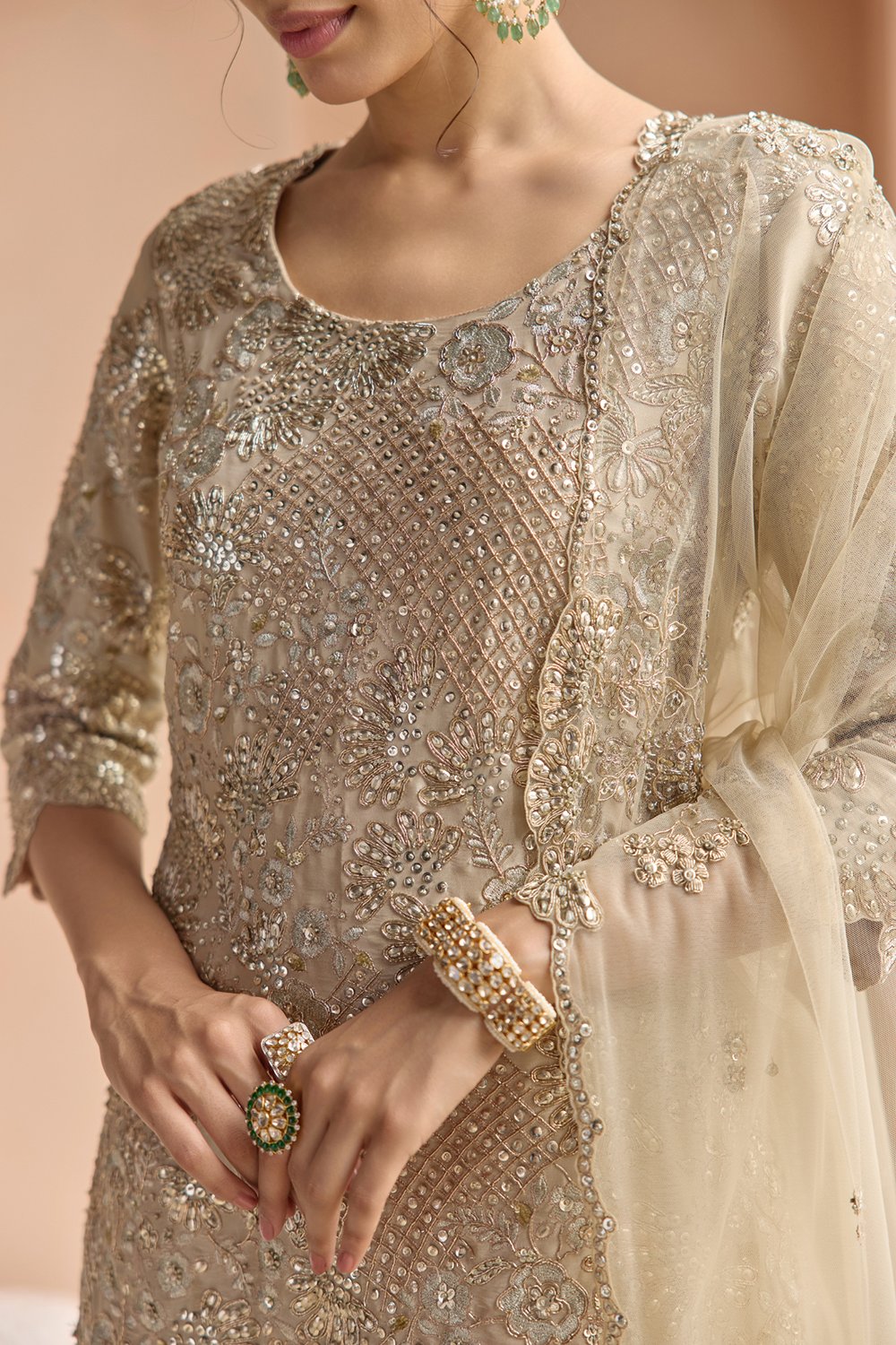 Beige Champage Tissue Sharara Set