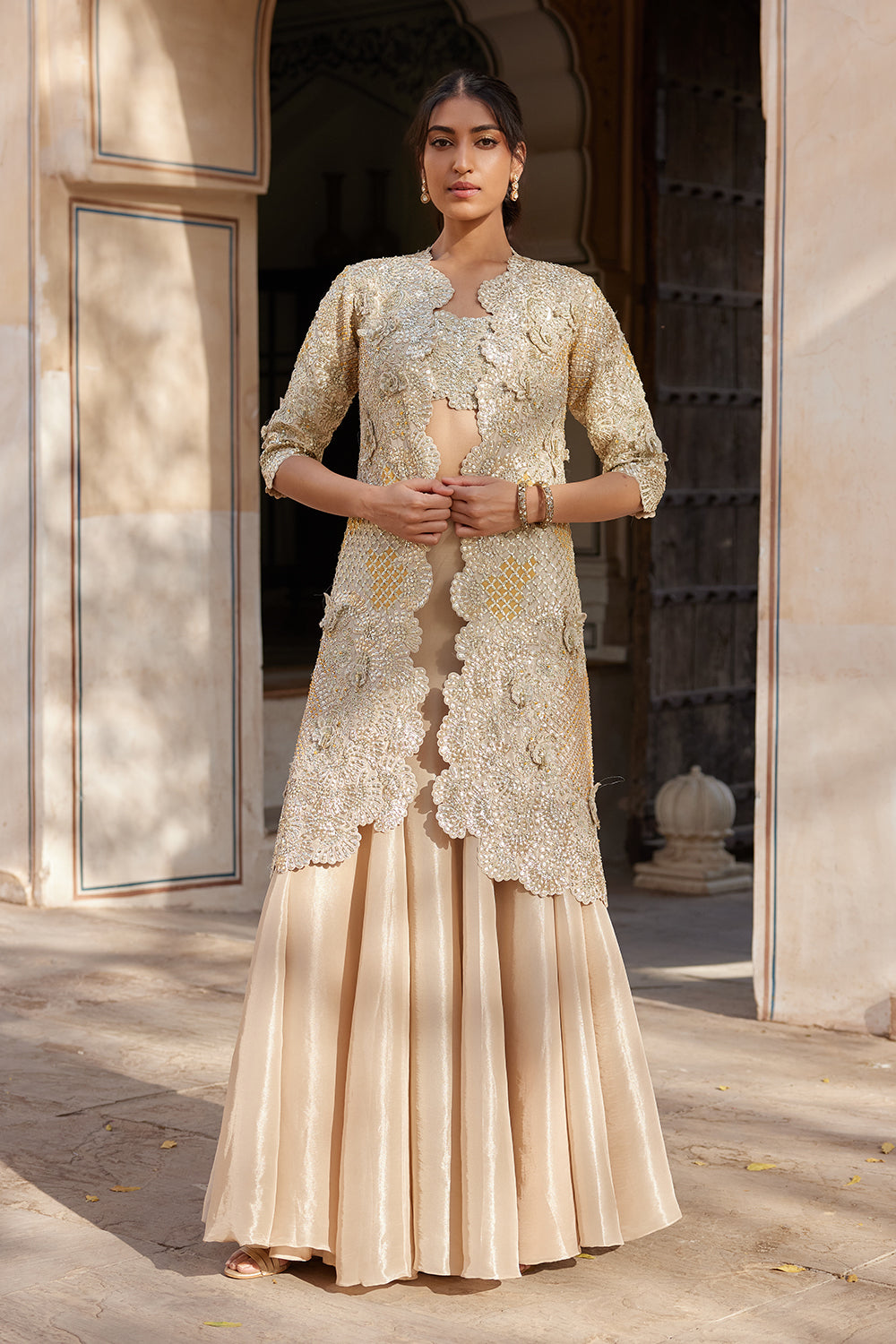 Beige Champagne Embroidered Open Jacket Set