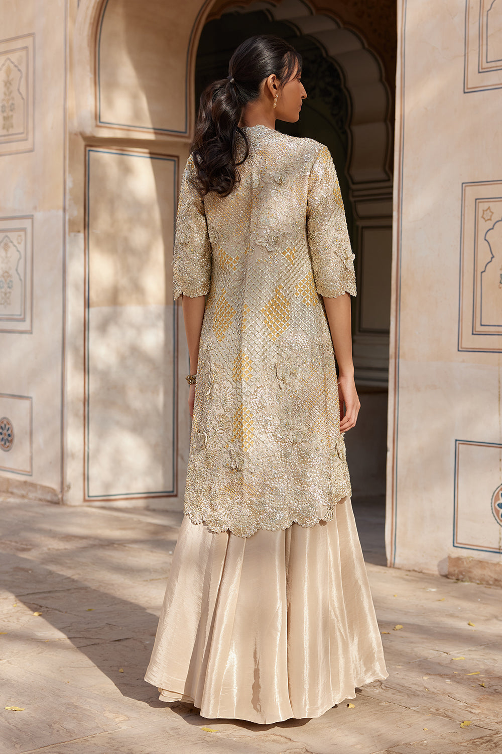 Beige Champagne Embroidered Open Jacket Set