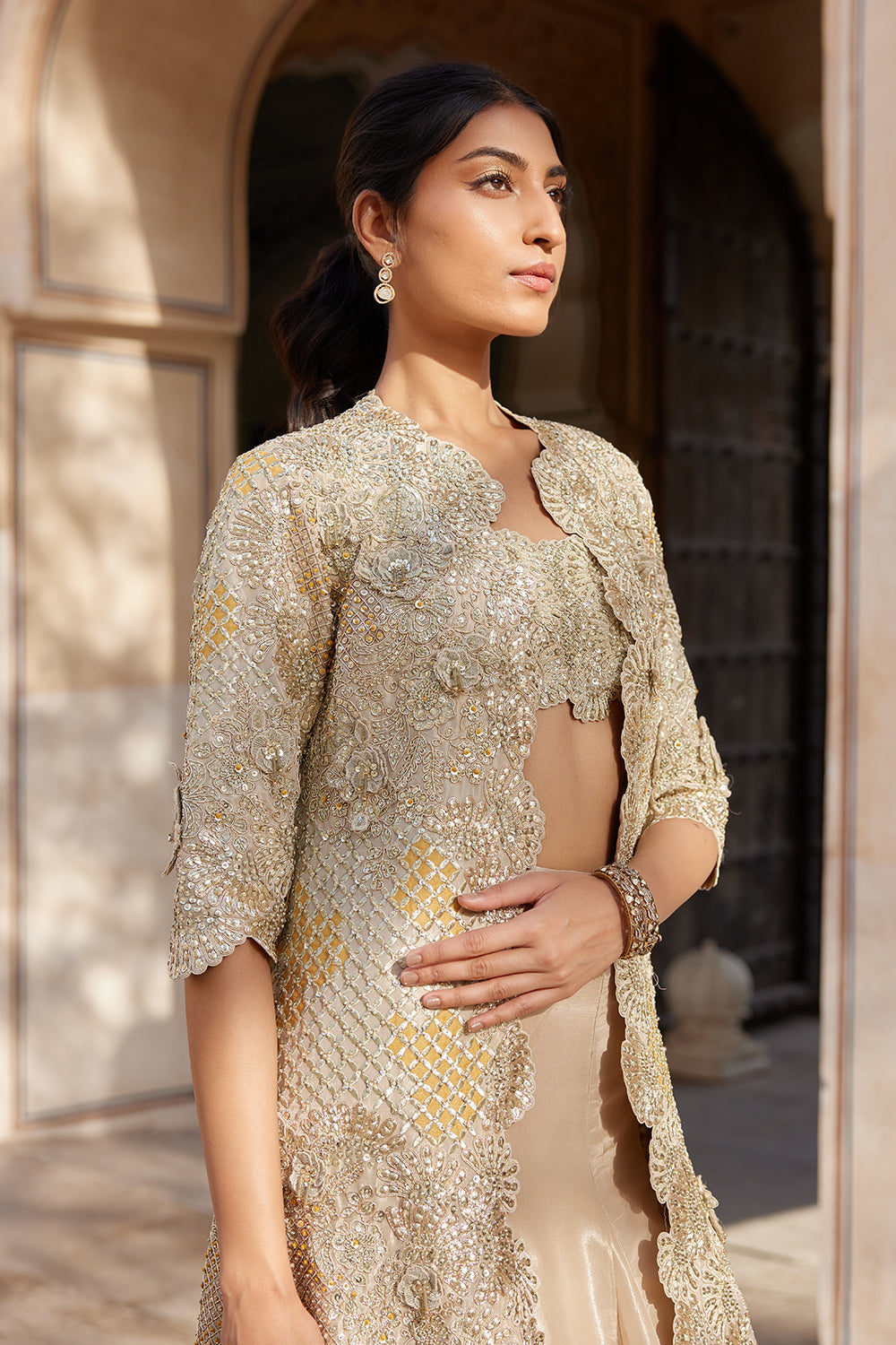 Beige Champagne Embroidered Open Jacket Set