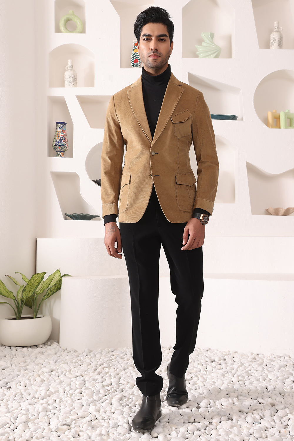 Beige Corduroy Blazer with patch pockets and thread details