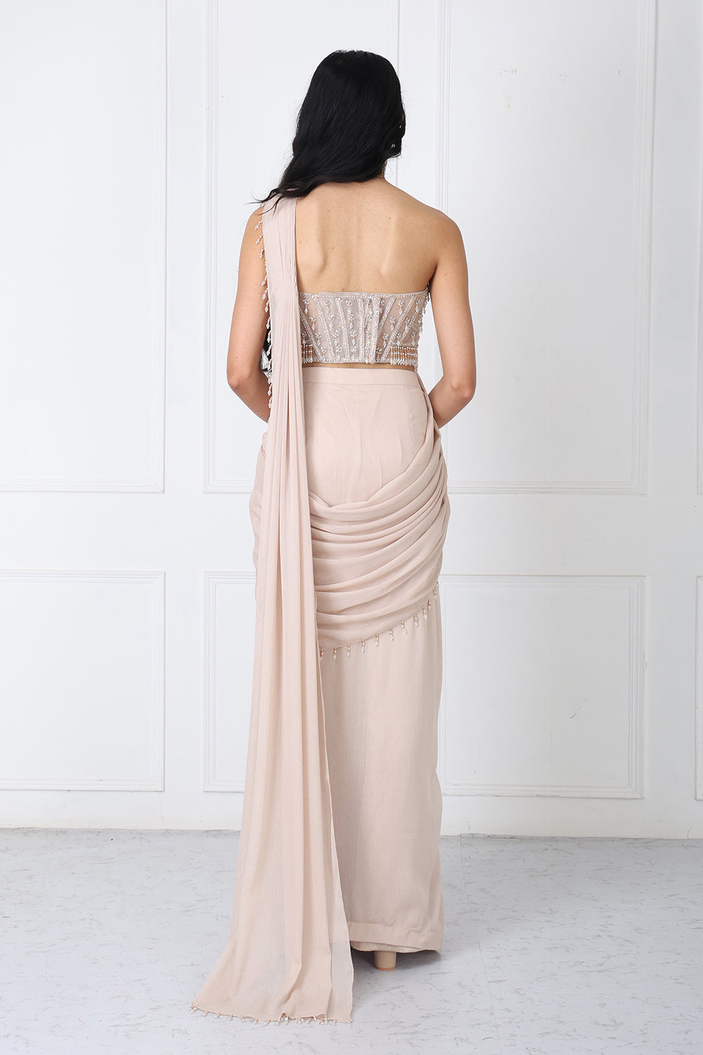 Beige Drape Saree With Floral Embroidered Corset