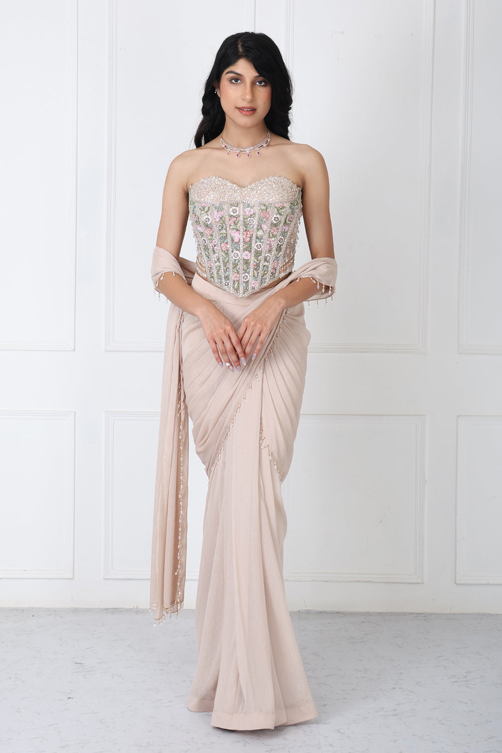 Beige Drape Saree With Floral Embroidered Corset