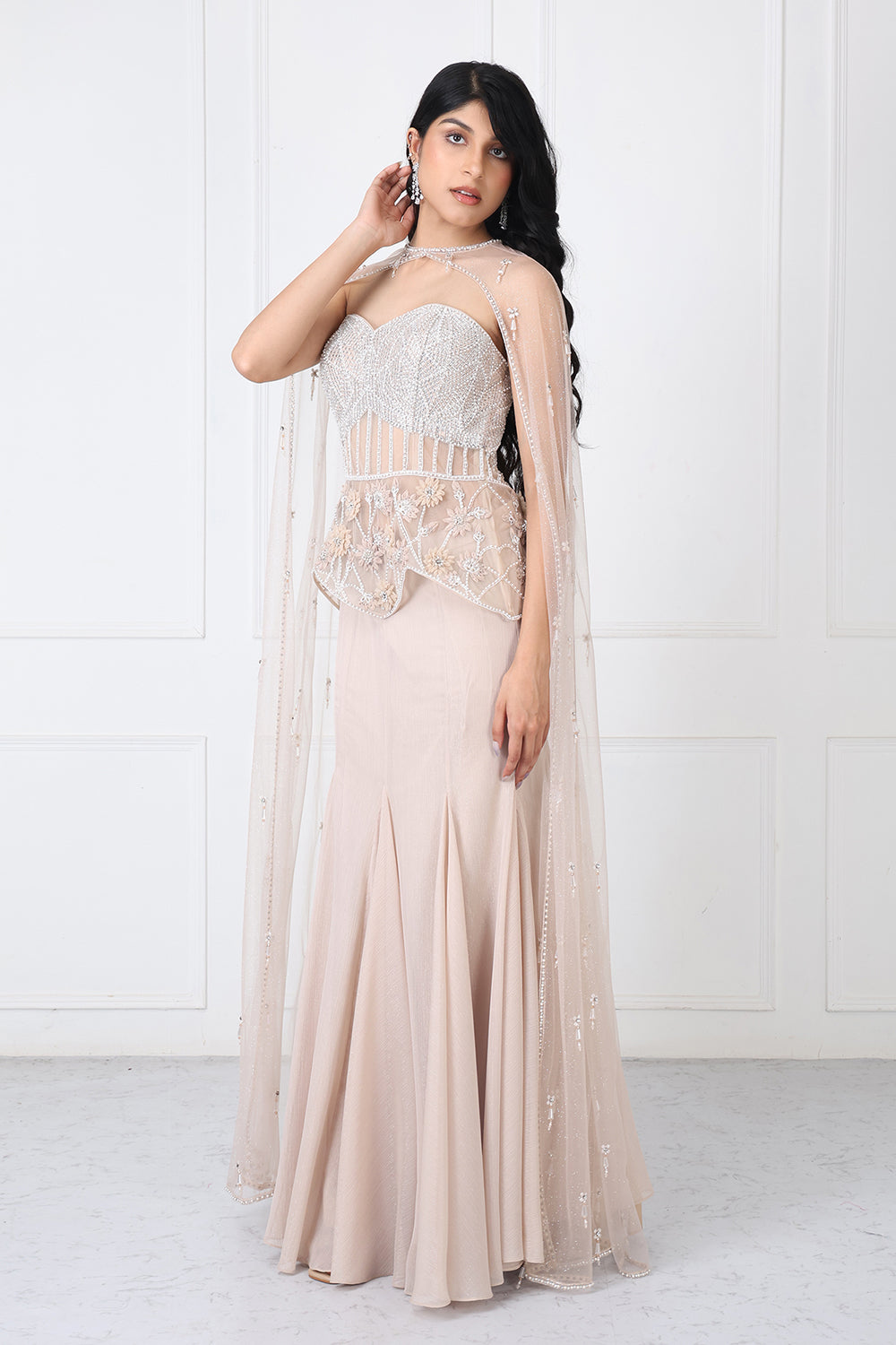 Beige Embroidered Corset And Cape With Paneled Skirt