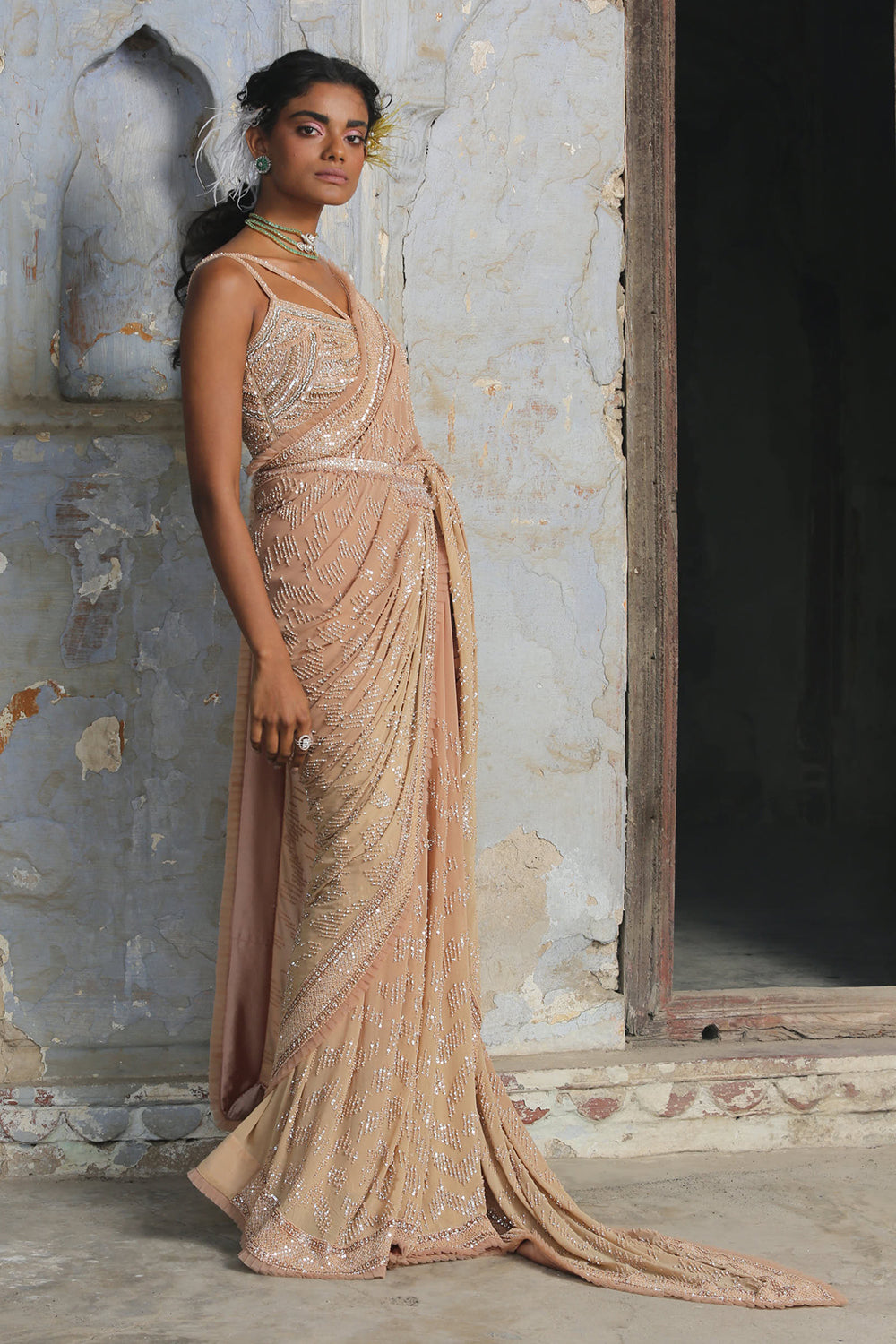 Beige Georgette Ombre Saree With Belt