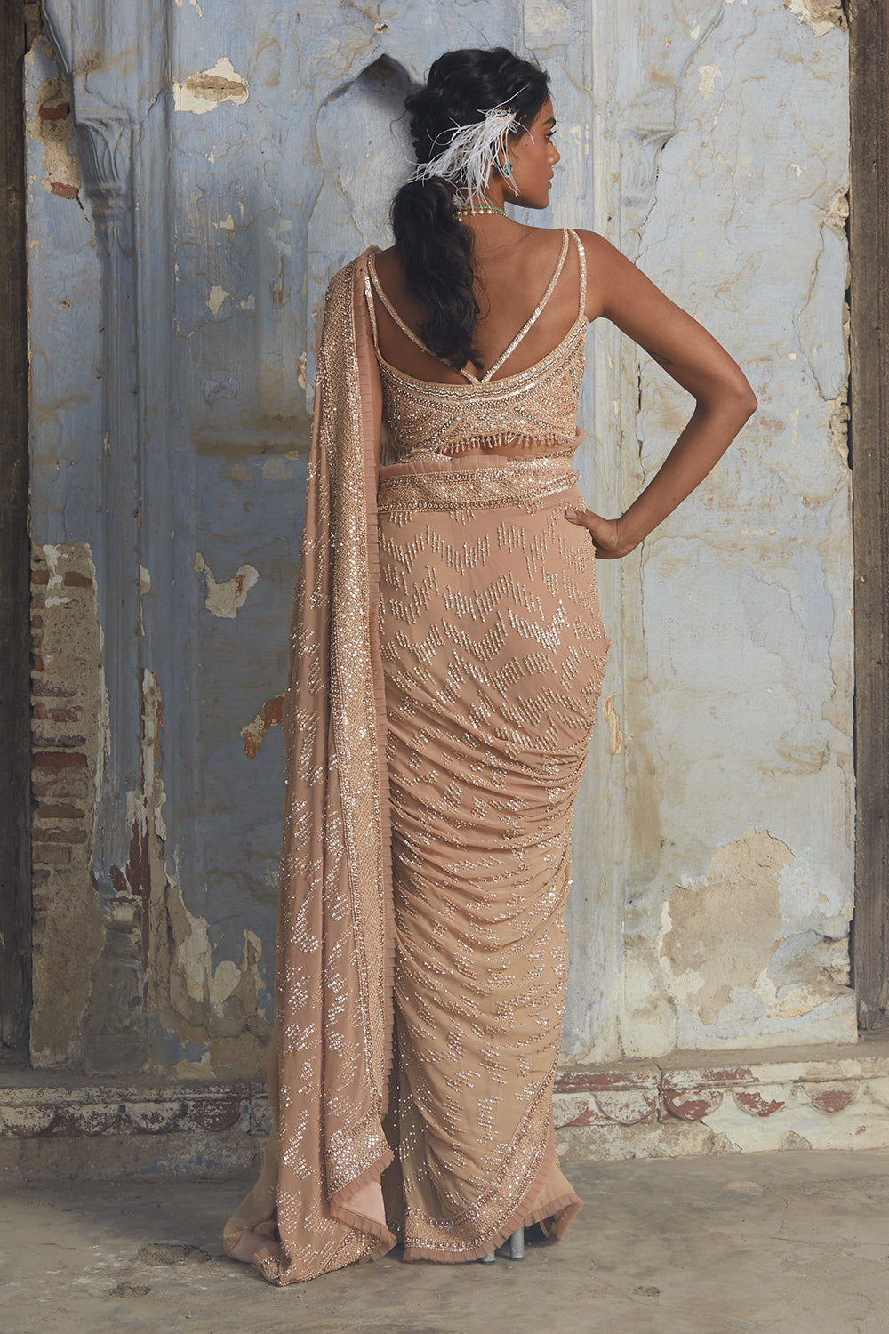 Beige Georgette Ombre Saree With Belt