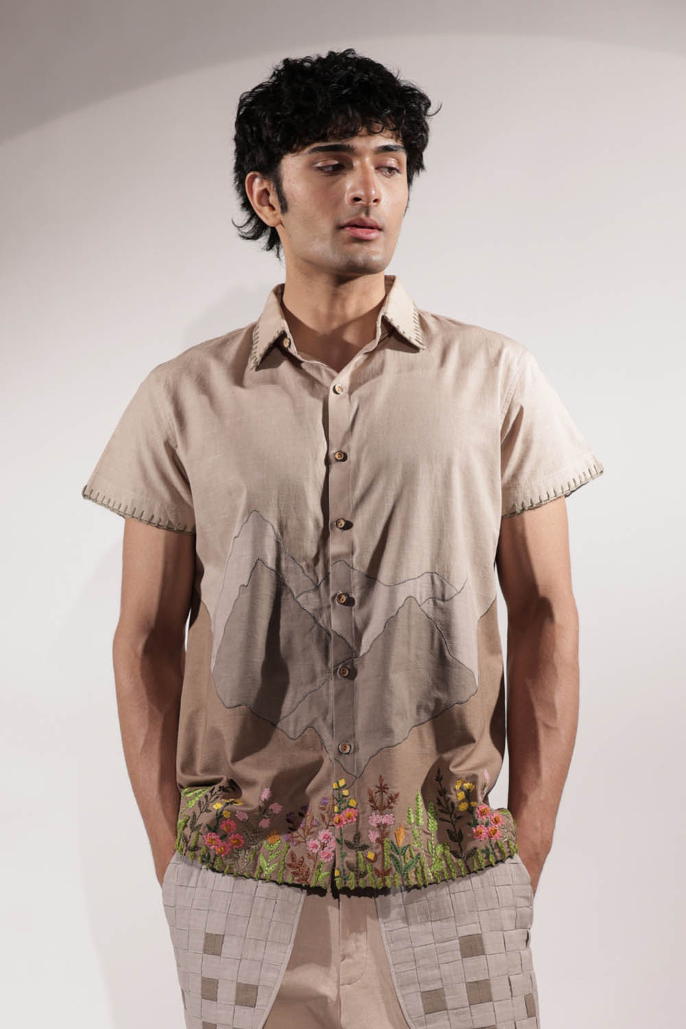 Beige Linen Mountain Patchwork Shirt