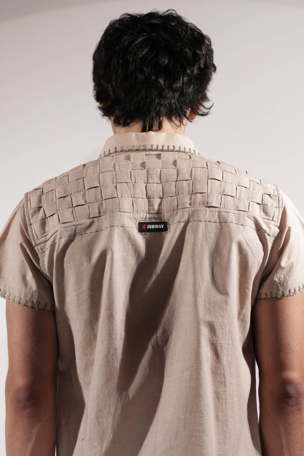 Beige Linen Mountain Patchwork Shirt