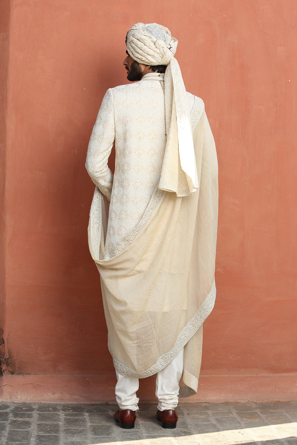 Beige Monga Embroidered Achkan With Kurta And Churidar