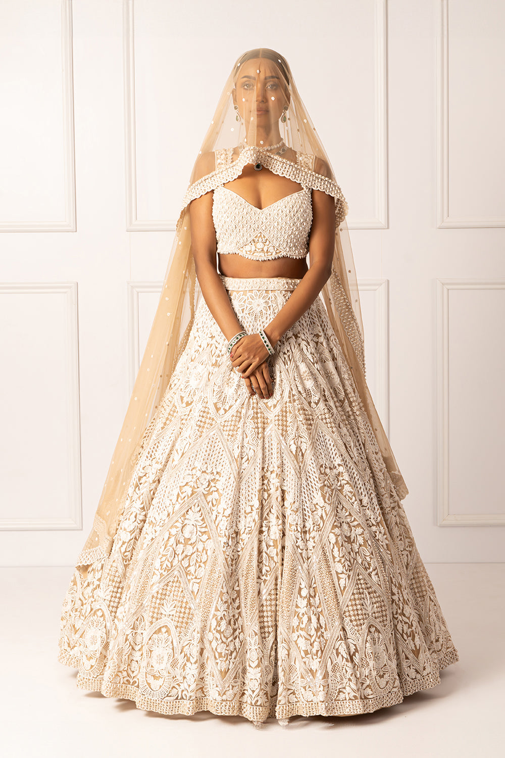 Beige pearl embroidered lehenga set