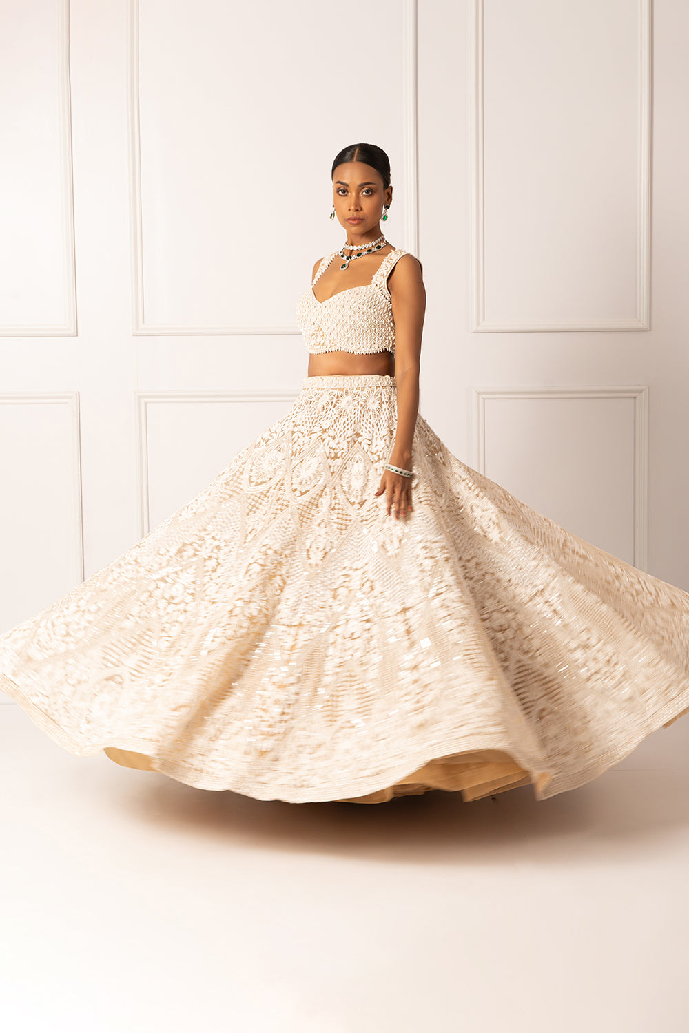 Beige pearl embroidered lehenga set