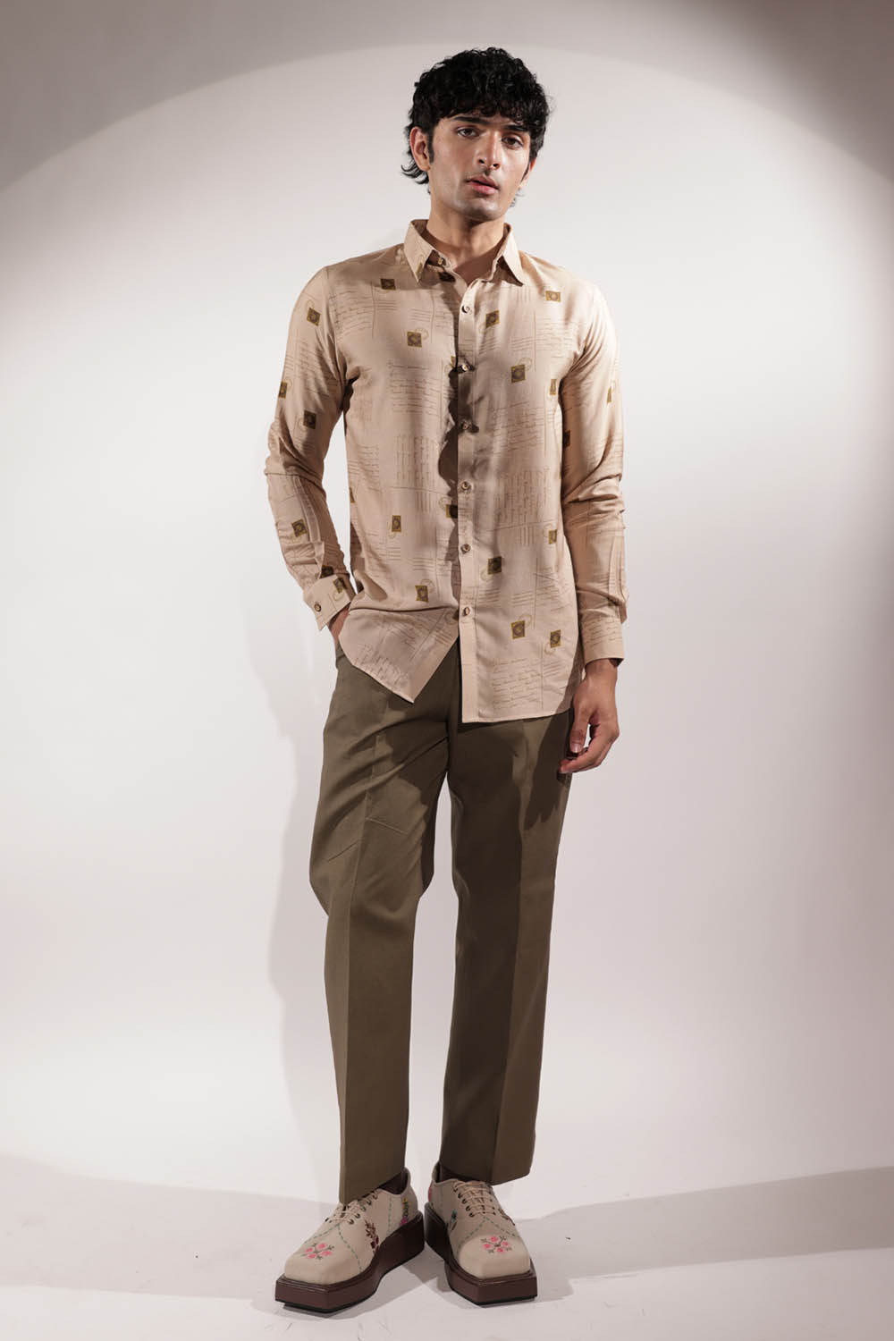 Beige Postcard Print Cotton-Silk Shirt