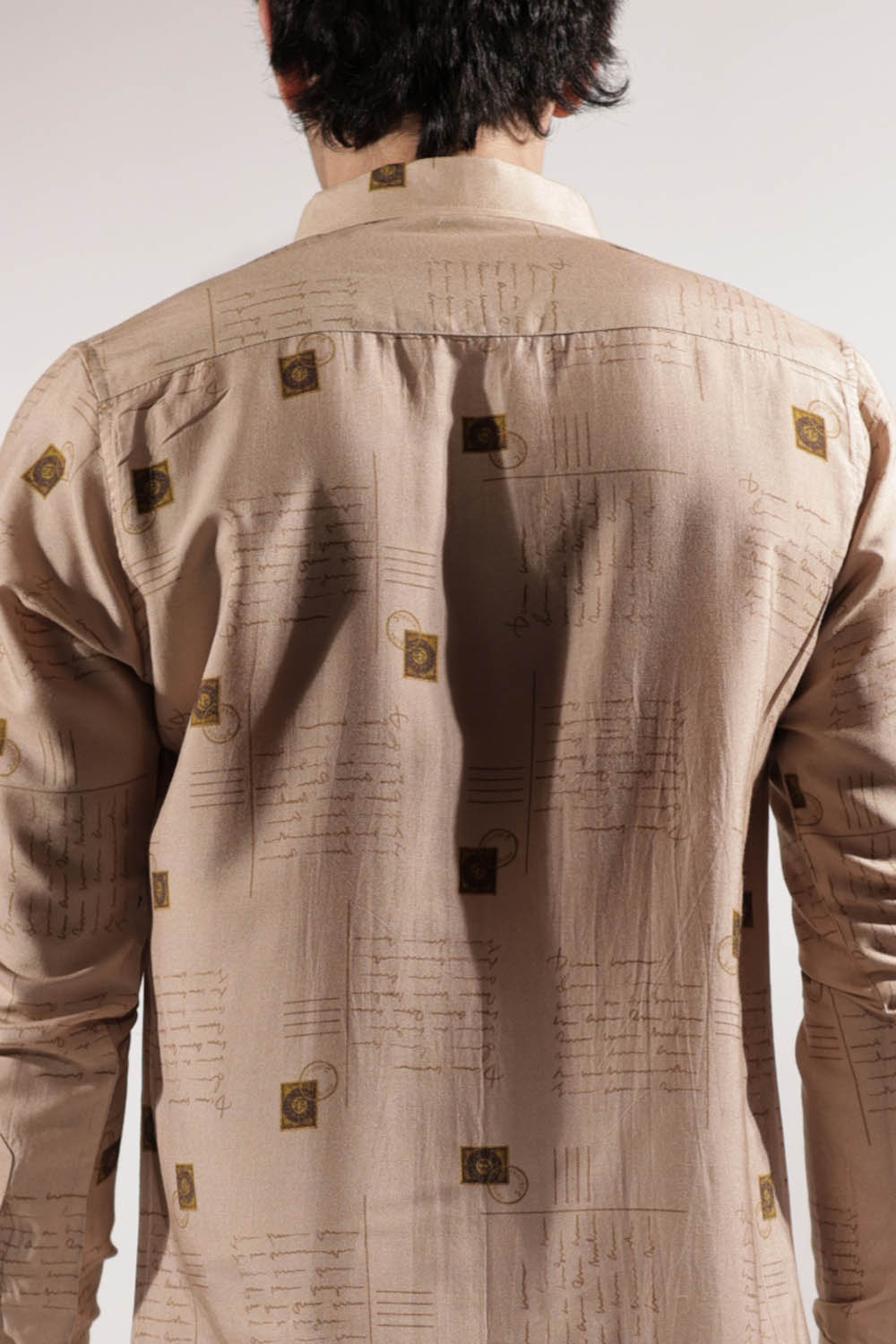 Beige Postcard Print Cotton-Silk Shirt