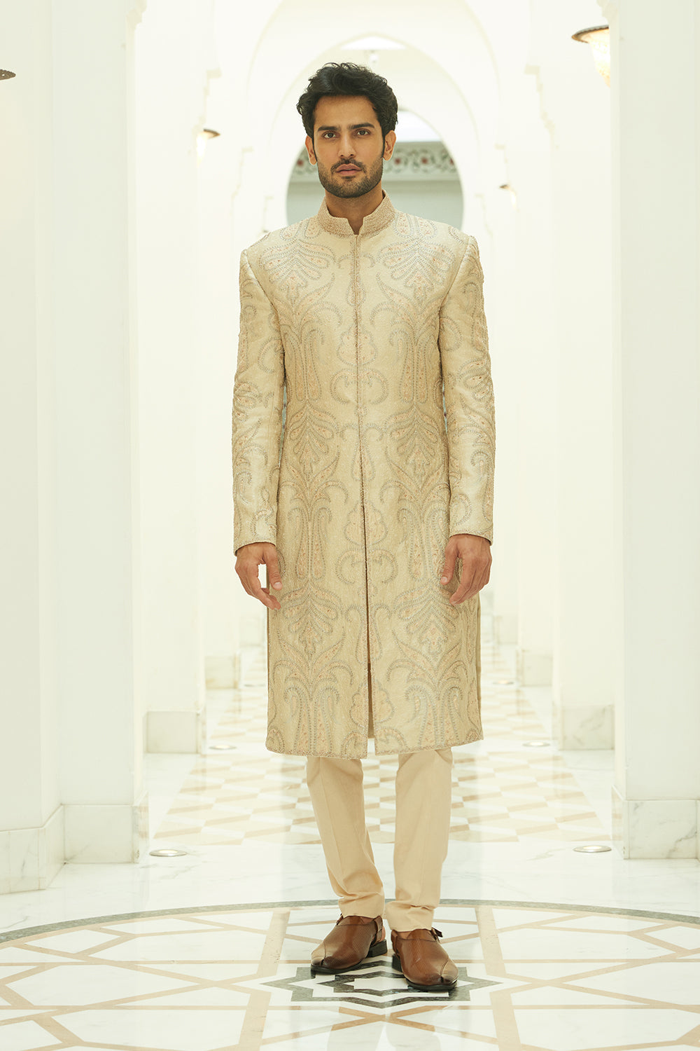 Beige Sherwani Kurta Trouser Set