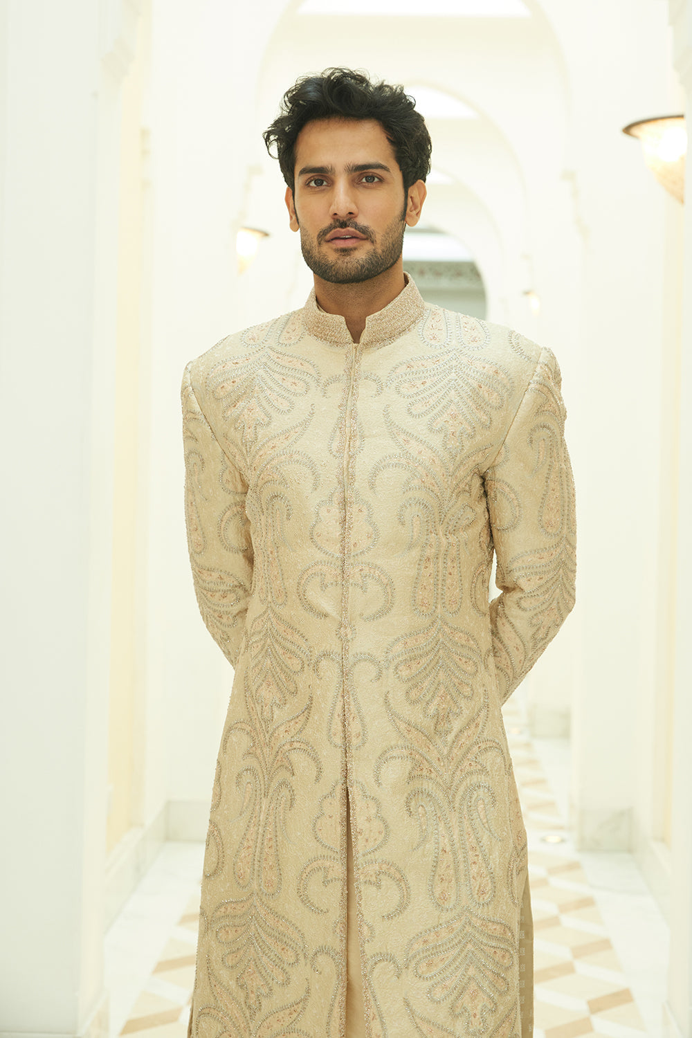 Beige Sherwani Kurta Trouser Set
