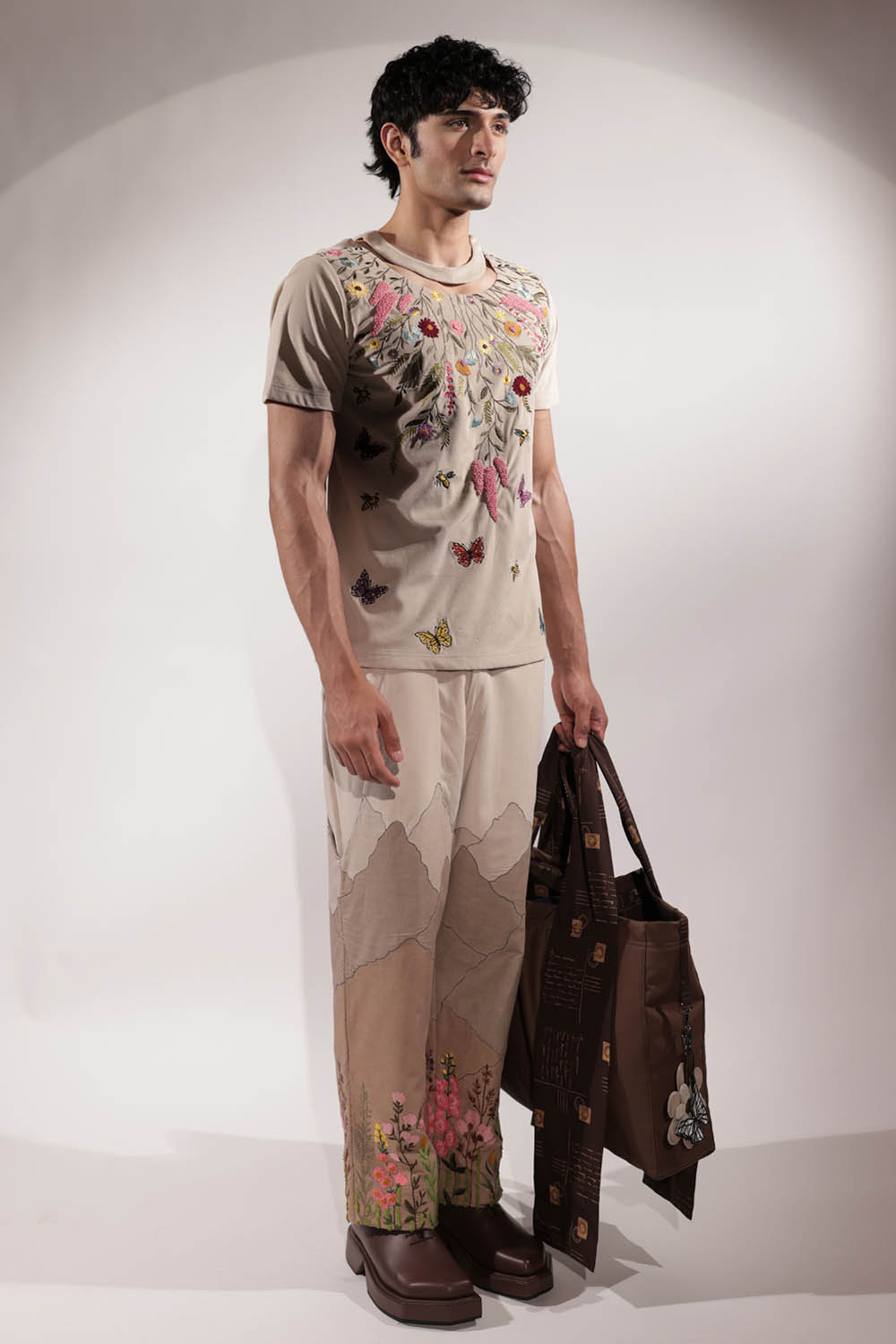 Beige Suede Floral Embroidered T-shirt