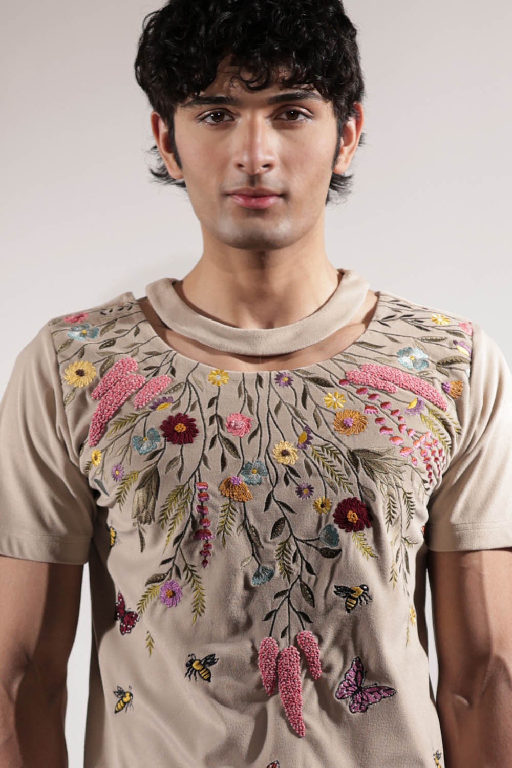 Beige Suede Floral Embroidered T-shirt