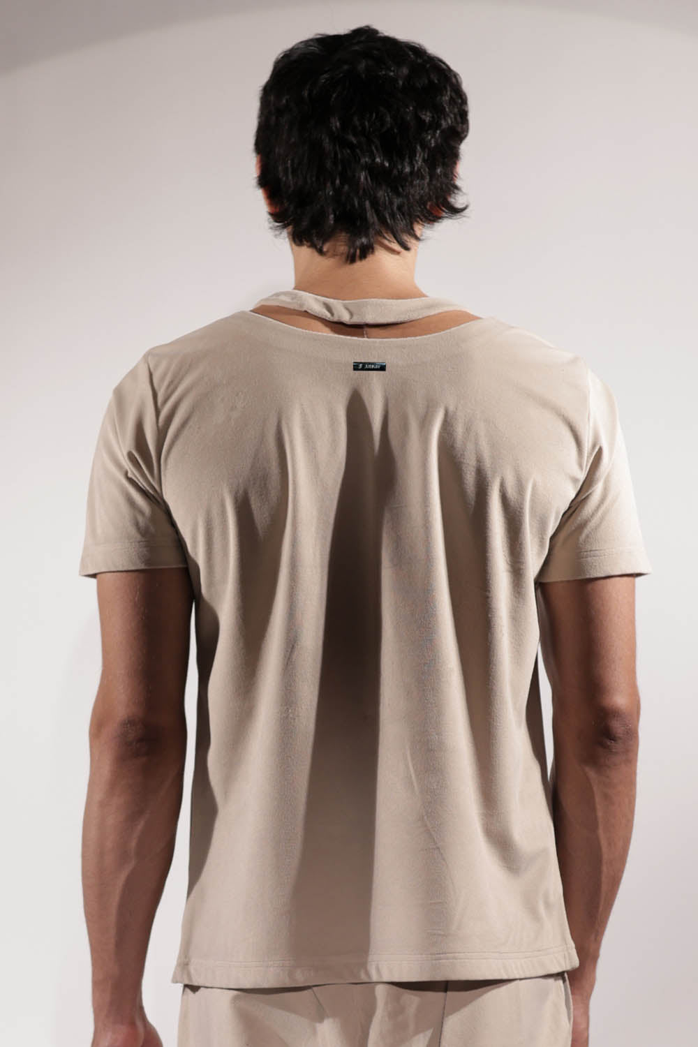 Beige Suede Floral Embroidered T-shirt