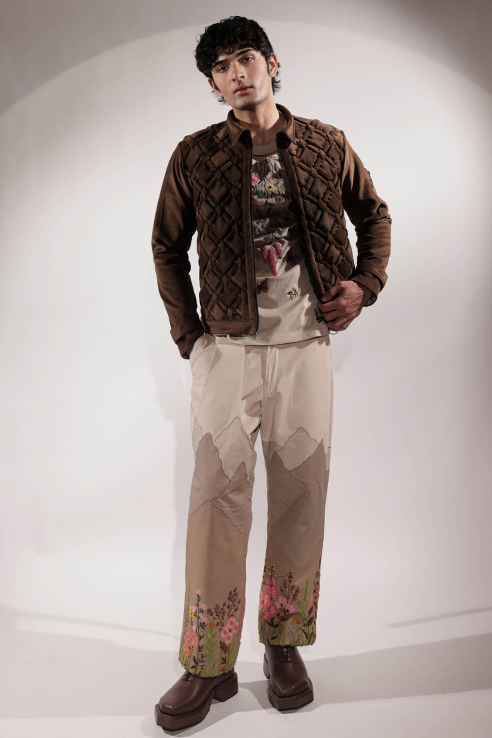 Beige Suede Mountain Patchwork Pants